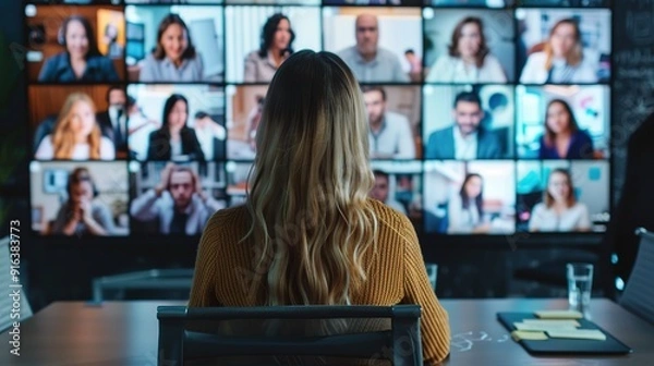 Fototapeta Dynamic Virtual Presentation Expertly Delivering Key Insights on Whiteboard, Engaging Remote Audience with Clarity and Confidence. Zoom Online Meeting Concepts.