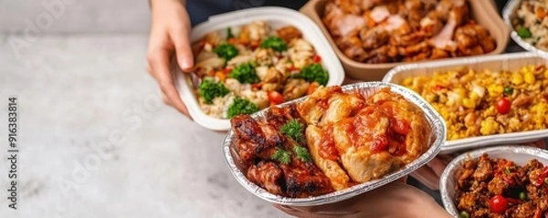 Fototapeta Office potluck with various dishes, boss and employees enjoying food together, Bosss Day celebration, communal and relaxed atmosphere