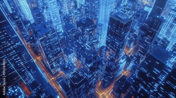 Fototapeta Aerial view of a digital city where streets are made of GDP data and skyscrapers symbolize major investments, urban economy, data visualization