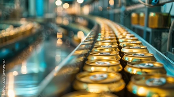 Fototapeta A close-up of a machine sealing lids on cans in a food processing plant