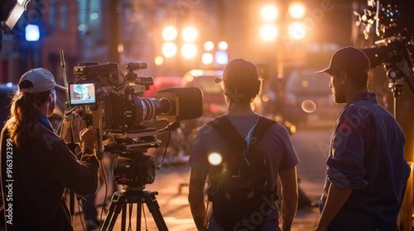 Fototapeta A director and actors discussing a scene on a movie set with lights and cameras surrounding them