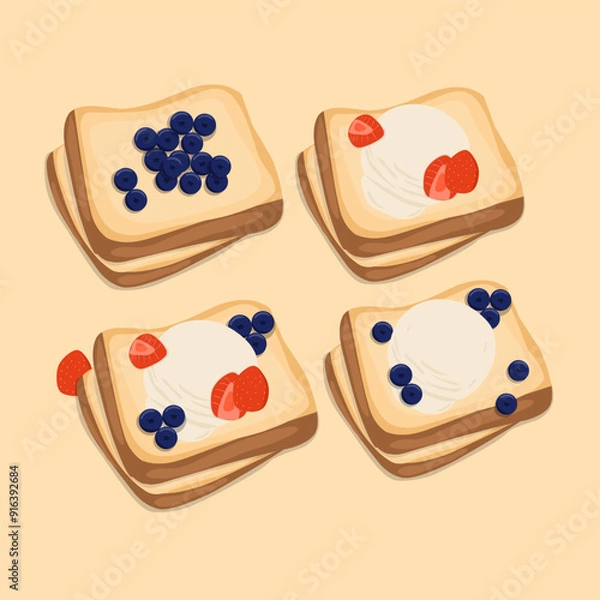 Fototapeta Set of vector illustration french toast with ice cream and fruit 