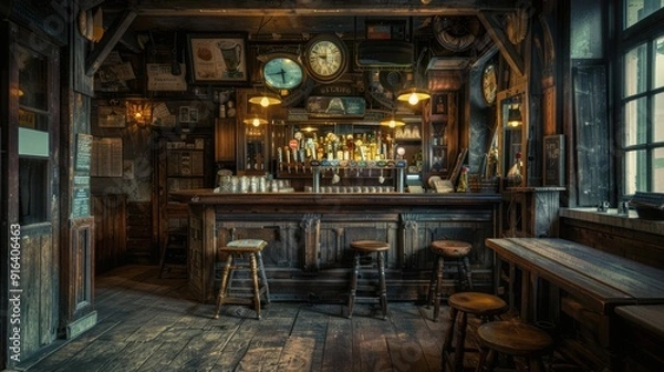 Fototapeta An old bar scene background with rustic wooden furnishings, dim lighting, and vintage decor, creating a cozy and nostalgic atmosphere perfect for settings that evoke a sense of history and charm