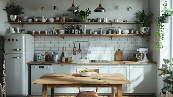 Fototapeta A Scandinavian-style kitchen with white cabinets, a wood countertop, a black stove, and some plants on the shelves.