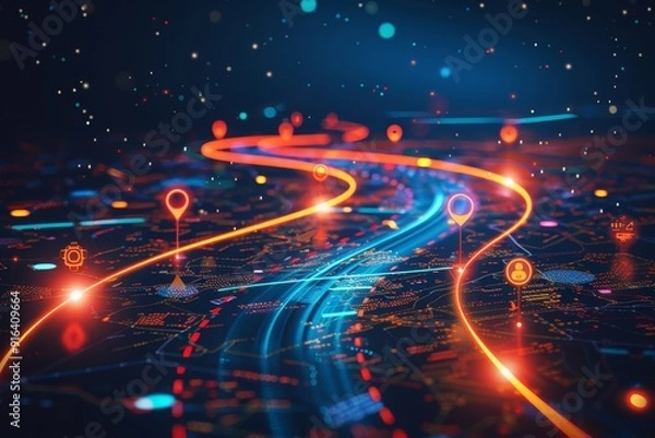Fototapeta Abstract illustration of digital transformation journey with roadmap and milestones, representing progress and advancement