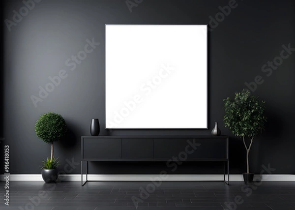 Obraz Minimalist Modern Black Living Room with Blank Canvas Mockup