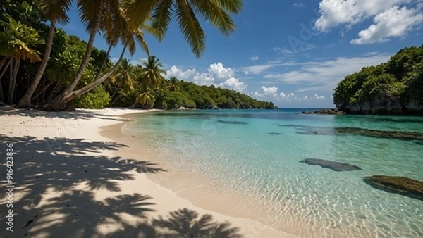 Fototapeta A secluded bay on a tropical island with clear waters and white sandy beaches, surrounded by tropical vegetation.