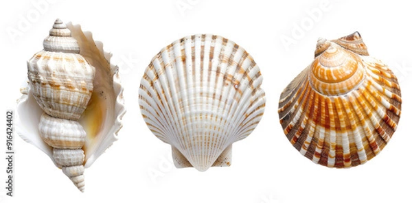 Fototapeta Three different types of sea shells are isolated on a empty background with a clipping path.