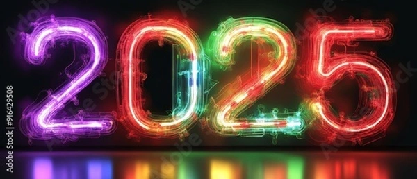Fototapeta Happy New Year 2025! Neon pink and orange glowing numbers against a dark festive background. Perfect for vibrant New Year's Eve celebrations and party decor.