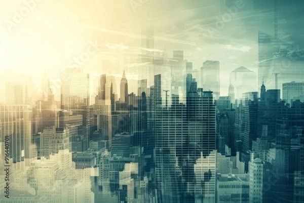 Fototapeta Abstract visualization of panoramic urban landscape with city skyline and bustling streets, representing metropolitan life