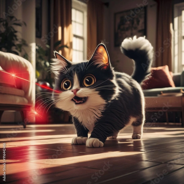 Obraz A cat with wide eyes chasing a laser pointer