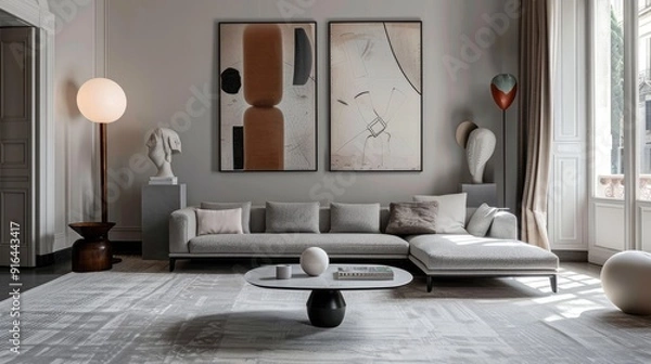 Fototapeta White table on carpet in front of gray sofa in indoor apartment setting with artwork and light. Actual image