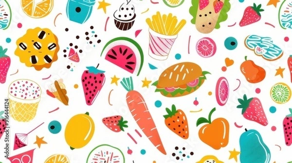Fototapeta A vibrant arrangement of various fruits, snacks, and beverages creates a playful and cheerful atmosphere