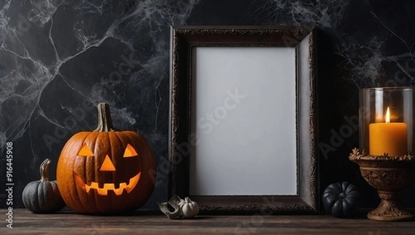Fototapeta Empty frame mockup on table with halloween decoration