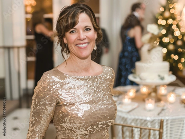 Obraz A woman in a gold sequined dress smiles at the camera at a wedding reception.