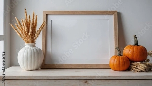 Fototapeta Empty frame mockup with wooden box of decorative pumpkins, vase of dry wheat on white table in nordic room interior 