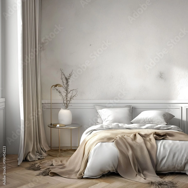 Obraz Aesthetic elegant minimalist bedroom interior design. Clear mock up empty wall for decoration in the apartment. Copy space in the room. Neutral palette of natural colors.