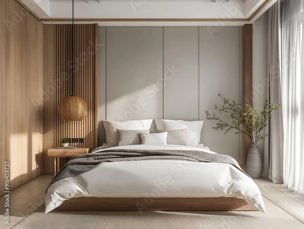 Fototapeta Aesthetic elegant minimalist bedroom interior design. Clear mock up empty wall for decoration in the apartment. Copy space in the room. Neutral palette of natural colors.
