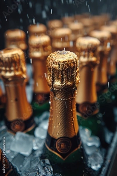 Fototapeta Champagne bottles chilling in an ice bucket against the backdrop of an opulent private residence