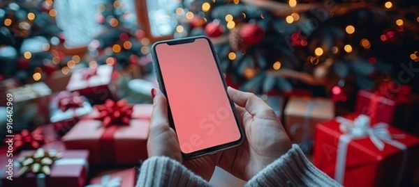 Fototapeta Man shopping online with smartphone mockup for christmas gift, red screen, festive background