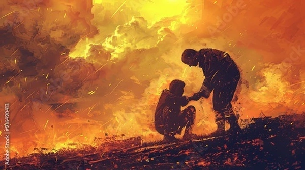 Fototapeta Illustration of Good Samaritan Helping Stranger in Need: Inspirational Biblical Artwork