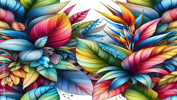Fototapeta Colorful tropical floral leaves overlapping