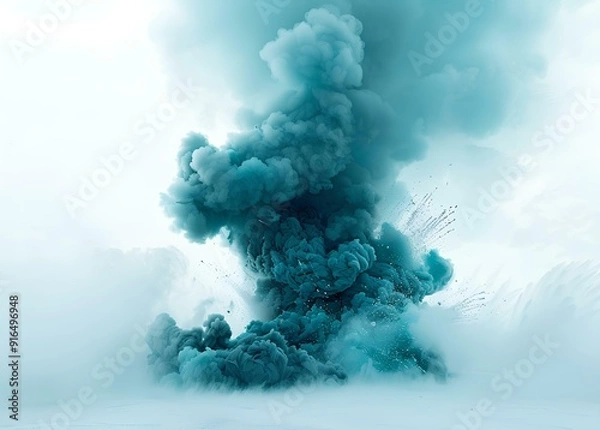 Obraz teal smoke bomb creating an artistic burst in the snow, isolated on white background with simple and clean style.
