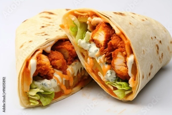 Obraz 182_59. Brisk Buffalo Chicken Wrap , white background , Photo --ar 3:2 --v 5.2 Job ID: 61a47408-c015-4c09-897e-57fd1fde8126