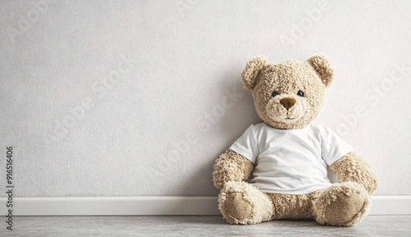 Obraz Teddy bear with white t-shirt mockup sitting against empty wall