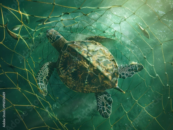 Obraz A sea turtle is caught in a fishing net underwater, highlighting the dangers of marine pollution.