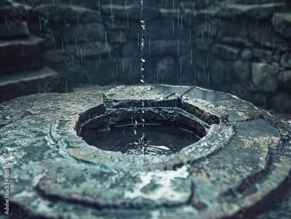 Obraz A close-up of a stone basin at an ancient site with water droplets falling into it.