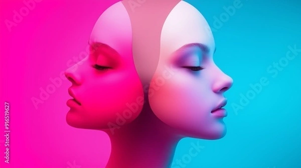 Fototapeta Two women's faces are shown side by side, one with pink and the other with blue. The pink face is smiling, while the blue face is looking away. Concept of duality and contrast