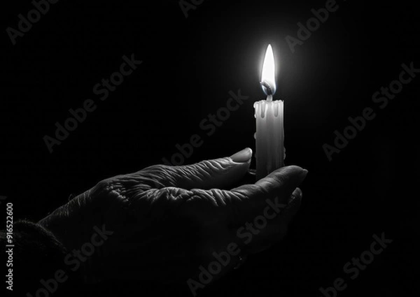 Fototapeta Black and white photography of an old woman's hand holding a candle, dark background with light coming from the flame. The photograph is in the style of a minimalist portrait. 