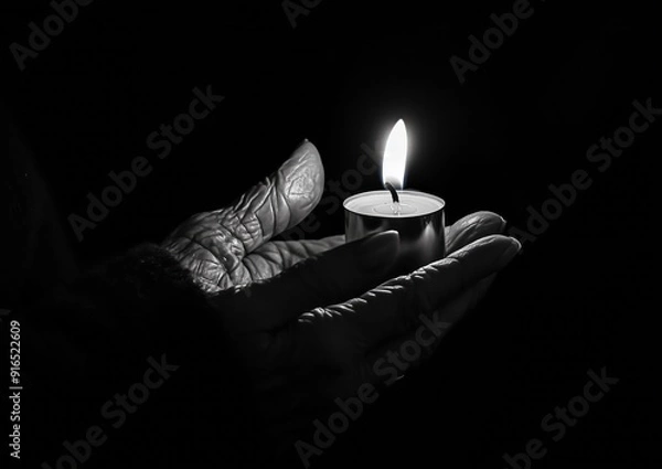 Fototapeta Black and white photography of an old woman's hand holding a candle, dark background with light coming from the flame. The photograph is in the style of a minimalist portrait.