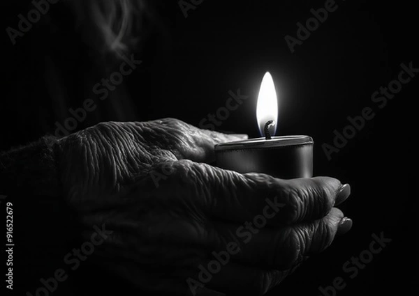 Fototapeta Black and white photography of an old woman's hand holding a candle, dark background with light coming from the flame. The photograph is in the style of a minimalist portrait.