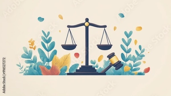 Fototapeta Minimalist Illustration of Democratic Symbols - Scales and Gavel in Creative Flat Design