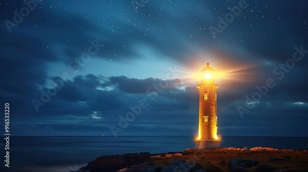 Obraz A lighthouse glows brightly against the backdrop of a star-filled night, directing ships safely along the calm ocean's rocky coastline.