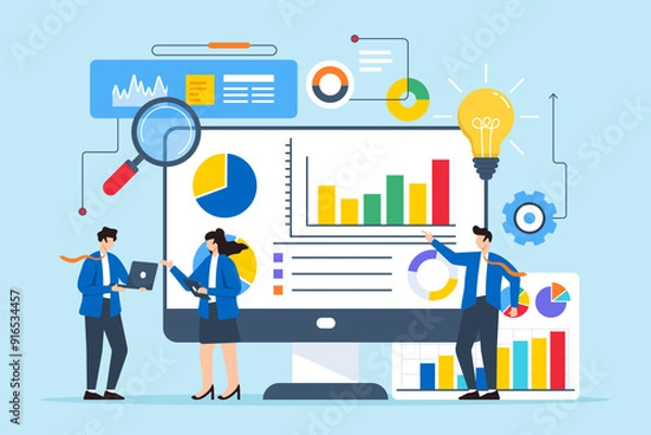Fototapeta Flat illustration of professionals analyzing competitive data to find market solutions on computer screen