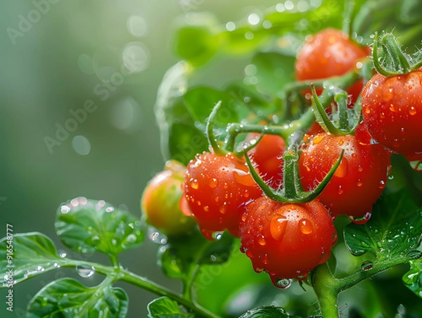 Fototapeta Cherry tomatoes on a branch in droplets of water. Neural network AI generated art