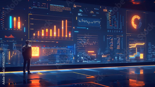 Fototapeta Visual representation of big data analytics offering valuable performance metrics, side view, emphasizing datadriven decisionmaking, futuristic tone, Analogous Color Scheme