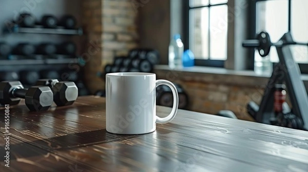 Fototapeta A white mug sits on a wooden table in a gym, with weights and exercise equipment in the background.