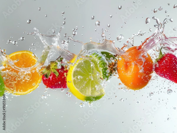 Fototapeta A close-up shot of various fruit, including orange, lemon, lime and strawberry, splashing into a bowl of water, creating a dramatic display of water droplets and bubbles.