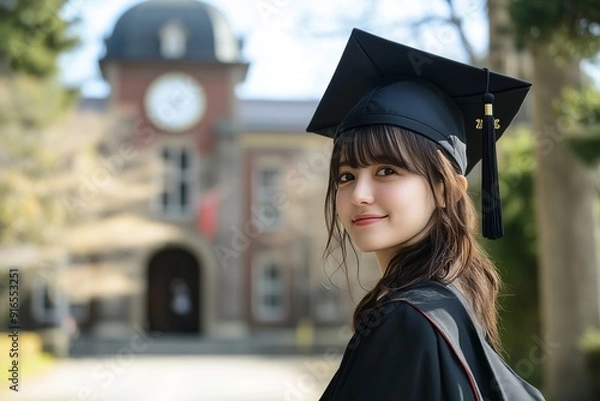 Fototapeta Graduation ceremony university concept. Photograph graduates in gown and cap on commencement day university background. Generative AI