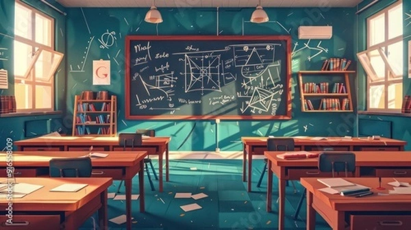 Fototapeta Empty Classroom with Chalkboard and Desks