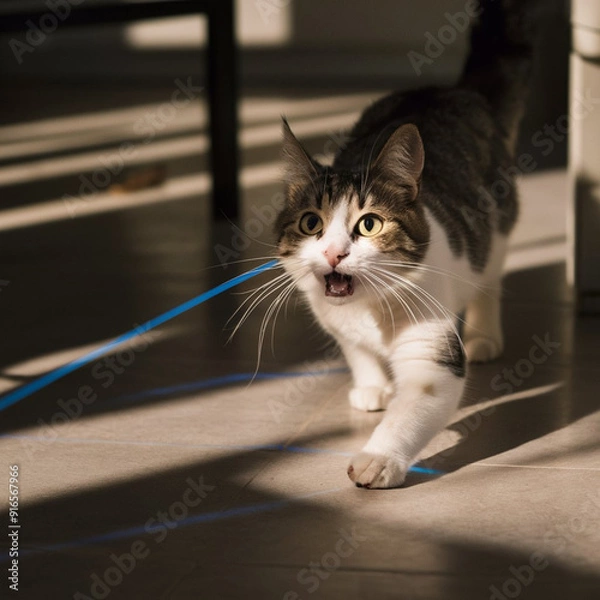 Obraz A cat with wide eyes chasing a laser pointer