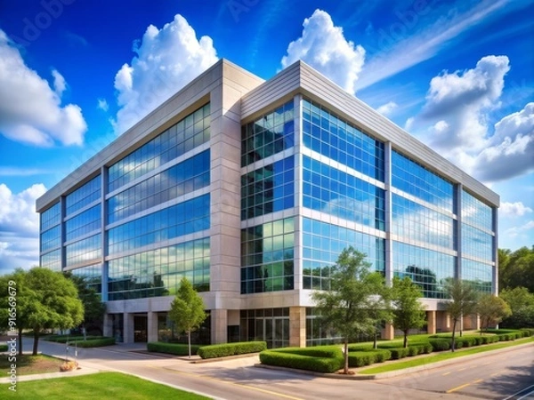 Fototapeta Modern office building of a leading multinational engineering and construction company in Sugar Land, Texas, on a sunny day.