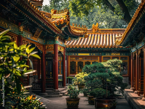 Fototapeta A view of a serene Chinese temple courtyard with potted trees, featuring intricate architectural details and a peaceful atmosphere.