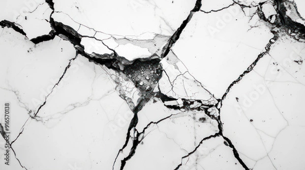 Fototapeta A close-up image of a cracked and weathered white surface revealing intricate patterns of broken lines and textures.