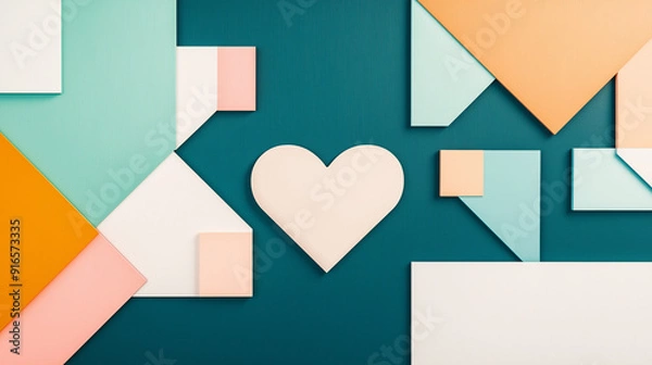 Fototapeta a vibrant geometric pattern is depicted. The background is a combination of cyan, white, green, and orange geometric shapes. The shapes are arranged in a grid-like pattern, with a mix of white, blue, 