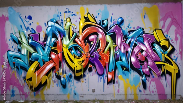 Fototapeta Multicolored Abstract Graffiti on the Wall, Multicolored Graphic Inscriptions on the Wall, Dragon, Woman, and Man Abstract Graffiti Wallpaper Background